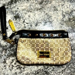 Betsy Johnson Gold Black White Sequin Studded Wristlet Bag